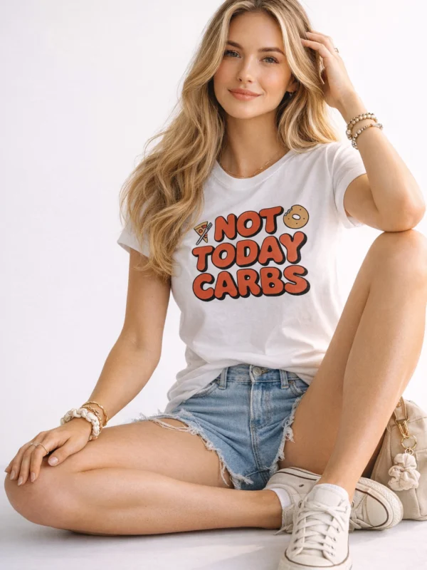 A blonde woman sitting and wearing a crisp white 'Gildan 64000' t-shirt featuring a retro red and orange graphic that says 'Not Today Carbs' with small pizza and donut illustrations.
